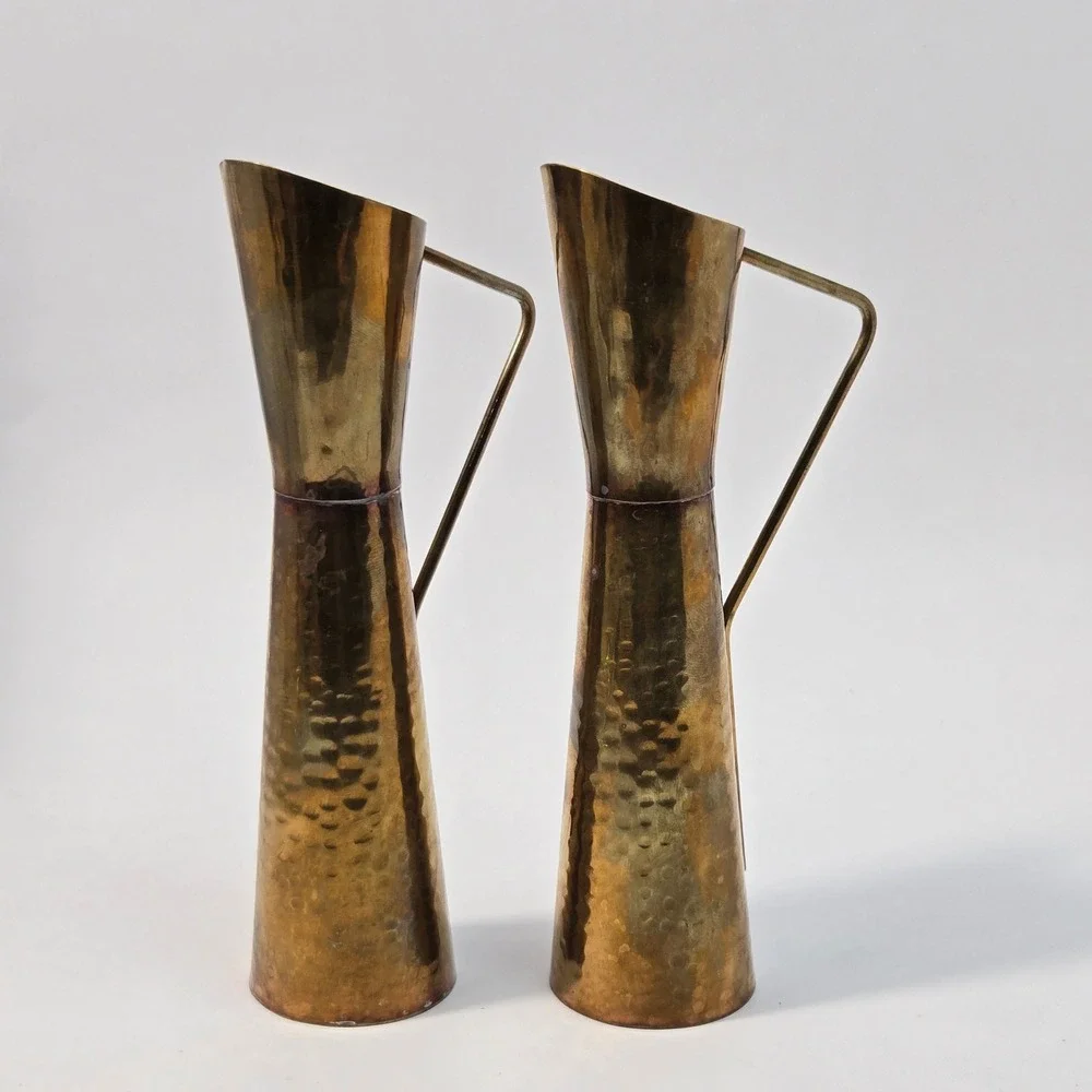 Vintage Hammered Brass Pitcher Pair Mid Century Modern Decorative Vases 7.5in
